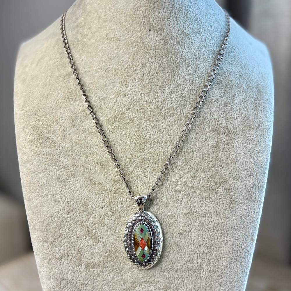 Carolyn Pollack Silver-Tone Oval Pendant Necklace with Colorful Mosaic Inlay